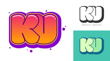 Festival ya da parti için KU logo tasarımı. Graffiti tarzında ilk harf k ve u. Yazı tipi tipografisinin yaratıcı modern harfleri. Modayı takip eden logotlar ya da kimlikler. Vektör illüstrasyonu.