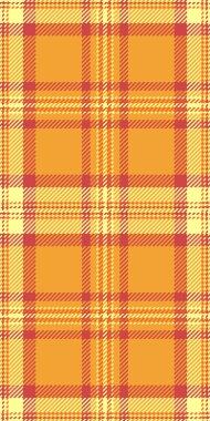 Gerçekçi tartan tekstil kontrolü, ekoseli ayaksız vektör. Turuncu ve sarı renk paletinde kadın dokusu arkaplan deseni.