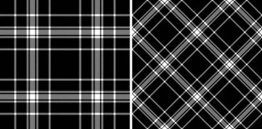 Zarif monokrom ekoseli desenler, tekstil tasarımı, giyimi veya web sitesi geçmişi için mükemmel. İki farklı stil - klasik yatay ve dinamik köşegen tasarım seçenekleri.