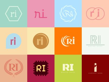 RI logo şirketi şablonu. R harfi ve ben logoti. Tasarım elemanları ile farklı klasik serif harfleri ve modern kalın metin ayarla. İlk yazı tipi tipografisi. Koleksiyon trend iş kimliği.
