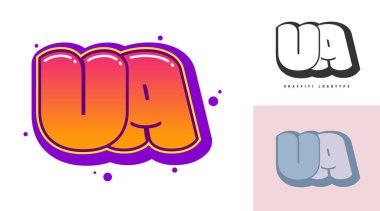 Festival ya da parti için UA logo tasarımı. İlk harf u ve graffiti tarzında bir harf. Yazı tipi tipografisinin yaratıcı modern harfleri. Modayı takip eden logotlar ya da kimlikler. Vektör illüstrasyonu.