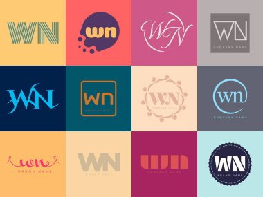 WN logo şirketi şablonu. Harf w ve n logotype. Tasarım elemanları ile farklı klasik serif harfleri ve modern kalın metin ayarla. İlk yazı tipi tipografisi. Koleksiyon trend iş kimliği.