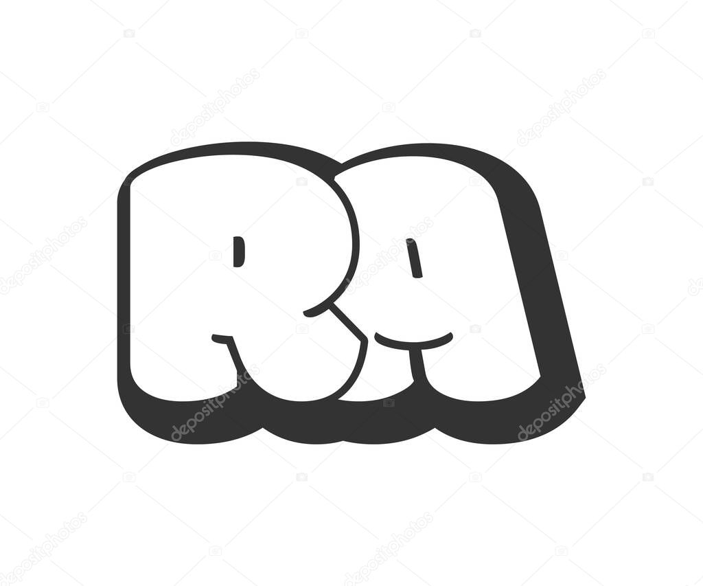 RA logo, bubble comic lettering, rounded in graffiti style black and white silhouette. Trendy preschool R and A letter text for festival party, personal initials, children funky print and web. Vector illustration.