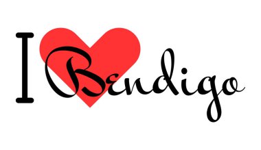 Avustralya 'nın Bendigo şehrini seviyorum. Kırmızı kalpli el yazısıyla yazılmış mektuplar. Vektör illüstrasyon harfleri, yazdırma tişörtü, afiş, poster, etiket veya etiket için modern tasarım.