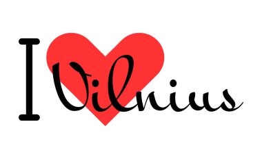 Litvanya 'nın Vilnius şehrini seviyorum. Kırmızı kalpli el yazısıyla yazılmış mektuplar. Vektör illüstrasyon harfleri, yazdırma tişörtü, afiş, poster, etiket veya etiket için modern tasarım.