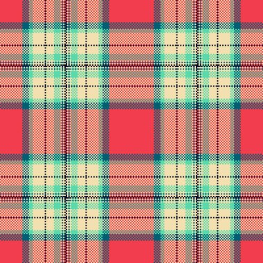 Canlı, pikselli ekose desenli. Kırmızı, mavi ve bej renkli retro dijital ekose. Özgeçmiş, tekstil veya nostaljik grafik tasarımlar için ideal.
