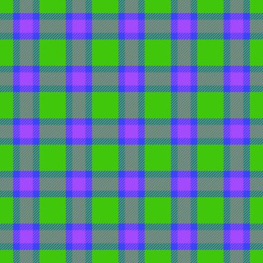 Canlı ekose desenli. Yeşil, mor ve gri renkli geometrik tartan desenli kusursuz kumaş tasarımı. Özgeçmiş, tekstil ve şenlik tasarımları için ideal..
