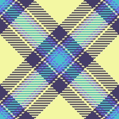 Canlı pastel ekose desenli, mavi, mavi ve sarı köşegen çizgileri var..