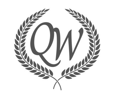 Q ve W harfleri, defne çelenkli QW monogram logo tasarımı. Kaligrafi yazı tipli lüks amblem.