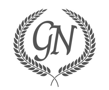 Baş harf G ve N, defne çelenkli GN monogram logo tasarımı. Kaligrafi yazı tipli lüks amblem.