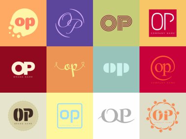 OP logo şirketi şablonu. Mektup O ve p logotype. Tasarım elemanları ile farklı klasik serif harfleri ve modern kalın metin ayarla. İlk yazı tipi tipografisi. Koleksiyon trend iş kimliği.