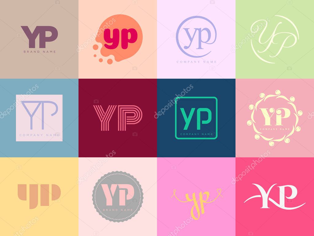 YP logo company template. Letter y and p logotype. Set different classic serif lettering and modern bold text with design elements. Initial font typography. Collection trendy business identity.