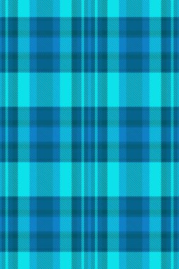 Kumaş tekstil arka planı, şablon şablon desenli ekose. Cyan ve parlak renk paletinde ince tartan dikişsiz vektör dokusu.