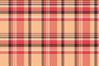 Noel süsü kumaşı kusursuz, ekoseli kumaş. Turuncu ve kırmızı renk paletinde kadın desenli tekstil tartan vektörü.