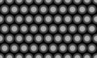 Siyah arkaplanda dönen dairelerin soyut gri tonlama deseni. Zarif, hipnotik tasarım web sitesi geçmişi, tekstil baskısı veya dekoratif sanat için mükemmel..