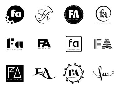FA logo şirketi şablonu. F harfi ve logoti. Tasarım elemanları ile farklı klasik serif harfleri ve modern kalın metin ayarla. İlk yazı tipi tipografisi. Koleksiyon trend iş kimliği.