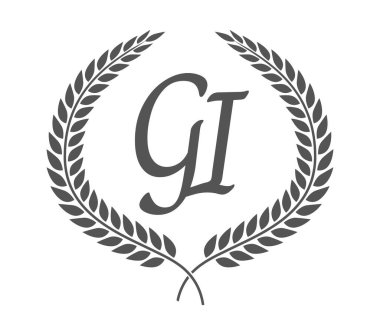Baş harf G ve ben, defne çelenkli GI monogram logo tasarımı. Kaligrafi yazı tipli lüks amblem.