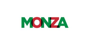 Monza, İtalya ambleminde baskı ve ağ anlamına geliyor. Tasarım, modern yazı tipinde cesur tipografiye sahip geometrik stil, vektör illüstrasyonuna sahiptir. Beyaz arkaplanda izole edilmiş grafiksel slogan harfleri.