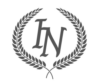 Birinci harf I ve N, defne çelenkli monogram logo tasarımı. Kaligrafi yazı tipli lüks amblem.
