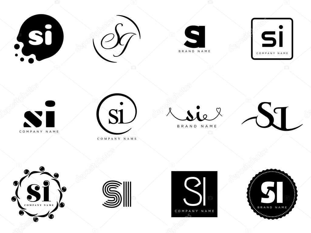 SI logo company template. Letter s and i logotype. Set different classic serif lettering and modern bold text with design elements. Initial font typography. Collection trendy business identity.