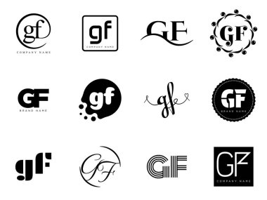 GF logo şirketi şablonu. G harfi ve f logoti. Tasarım elemanları ile farklı klasik serif harfleri ve modern kalın metin ayarla. İlk yazı tipi tipografisi. Koleksiyon trend iş kimliği.