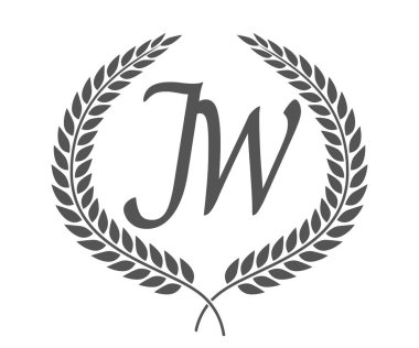 J ve W harfleri, defne çelenkli JW monogram logo tasarımı. Kaligrafi yazı tipli lüks amblem.