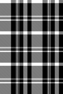 Sıcak ekose desenli, törensel kumaş desenli tartan. Süslü, pürüzsüz arka plan vektör kumaşı siyah ve beyaz renk paletinde.