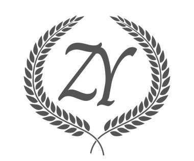 İlk harf Z ve Y, defne çelenkli ZY monogram logo tasarımı. Kaligrafi yazı tipli lüks amblem.