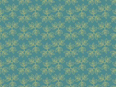 Zarif deniz mavisi arkaplanı, tekrar eden narin, altın renkli yapraklarla süslenmiş..