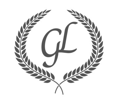 Baş harf G ve L, defne çelenkli GL monogram logo tasarımı. Kaligrafi yazı tipli lüks amblem.
