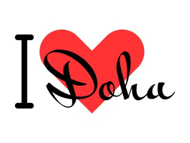 Katar şehri Doha 'yı seviyorum. Kırmızı kalpli el yazısıyla yazılmış mektuplar. Vektör illüstrasyon harfleri, yazdırma tişörtü, afiş, poster, etiket veya etiket için modern tasarım.