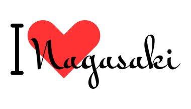 Japonya 'nın Nagasaki şehrini seviyorum. Kırmızı kalpli el yazısıyla yazılmış mektuplar. Vektör illüstrasyon harfleri, yazdırma tişörtü, afiş, poster, etiket veya etiket için modern tasarım.