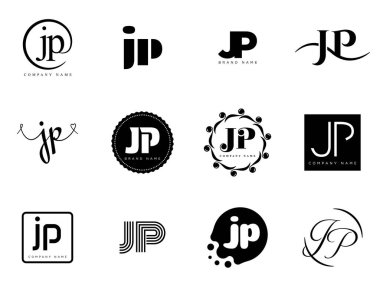 JP logo şirketi şablonu. J harfi ve p logoti. Tasarım elemanları ile farklı klasik serif harfleri ve modern kalın metin ayarla. İlk yazı tipi tipografisi. Koleksiyon trend iş kimliği.