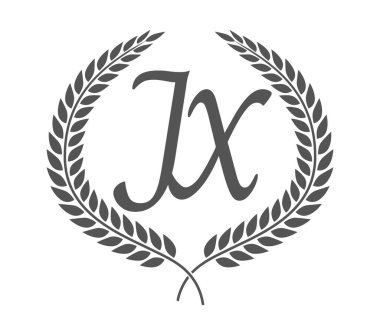 J ve X baş harfi, defne çelenkli JX monogram logo tasarımı. Kaligrafi yazı tipli lüks amblem.