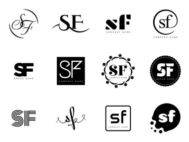 SF logo şirketi şablonu. Harfler ve f logoti. Tasarım elemanları ile farklı klasik serif harfleri ve modern kalın metin ayarla. İlk yazı tipi tipografisi. Koleksiyon trend iş kimliği.