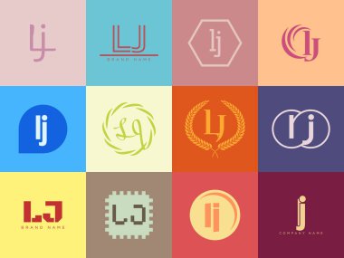 LJ logo şirketi şablonu. I harfi ve J logosu. Tasarım elemanları ile farklı klasik serif harfleri ve modern kalın metin ayarla. İlk yazı tipi tipografisi. Koleksiyon trend iş kimliği.