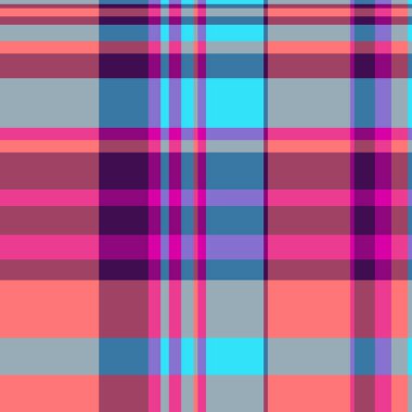 Pembe, mavi, mor ve gri tonlarında kesişen çizgilerle renkli tartan deseni. Arkaplan, tekstil veya moda tasarım kavramları için mükemmel.