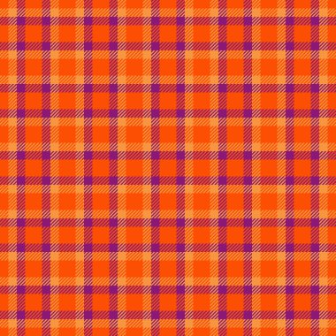 Canlı, turuncu ve mor renkli ekose desenli. Sıcak ve sonbaharı çağrıştıran klasik bir tekstil tasarımı. Arkaplan, moda ve tasarım projeleri için ideal.