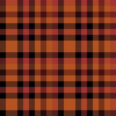 Tatil dokusu kontrolü, yatay tekstil deseni. Turuncu ve siyah renk paletinde erkek giyim kumaşsız tartan vektörü.