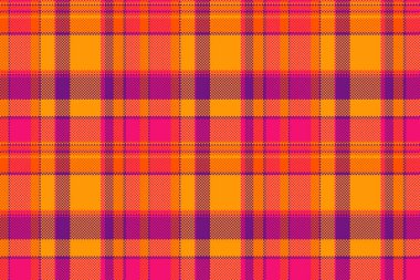 Pikselleştirilmiş ekose desenli canlı turuncu, pembe ve mor renkler. Klasik tekstil tasarımlarına modern bir bakış açısı, arka plan, doku ve dijital sanat için mükemmel..