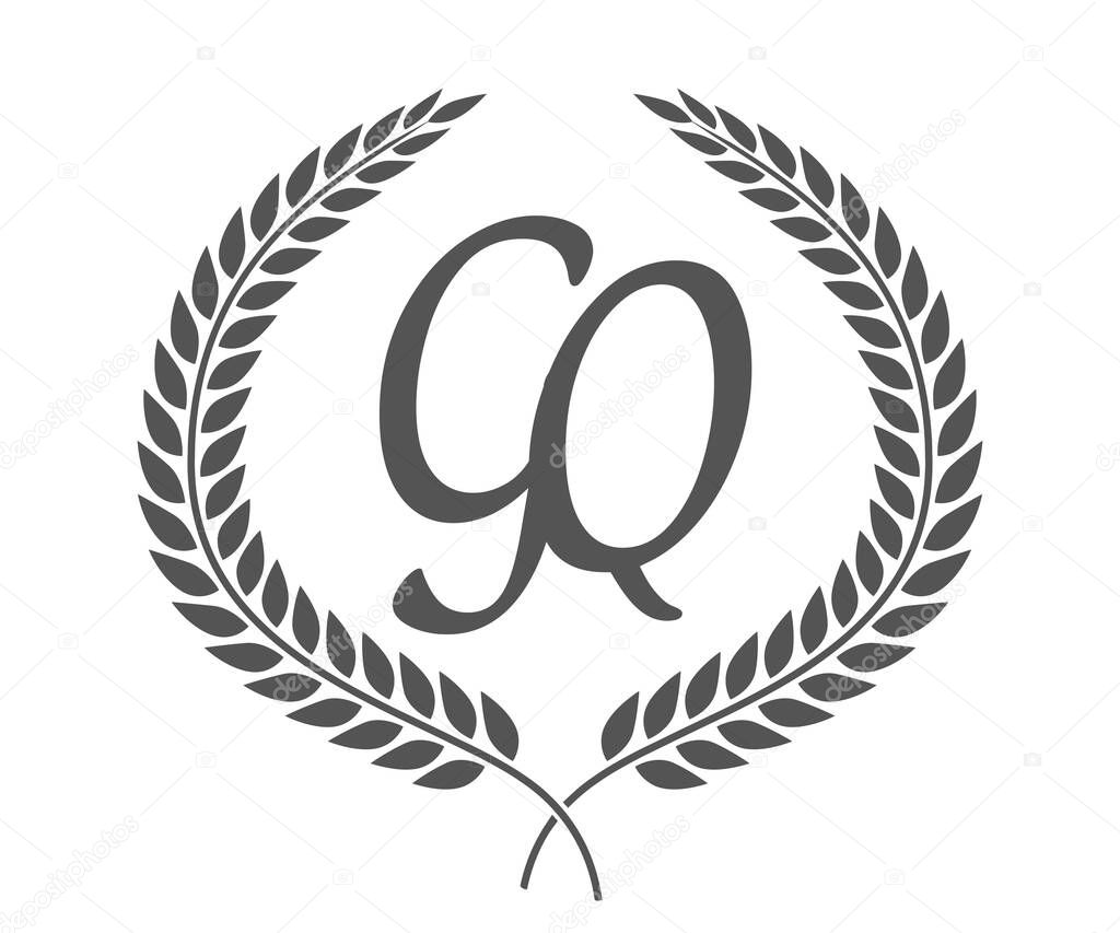 Initial letter G and Q, GQ monogram logo design with laurel wreath. Luxury emblem with calligraphy font.