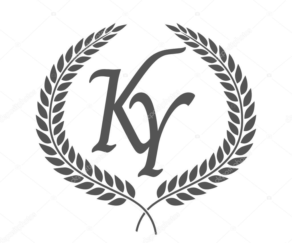 Initial letter K and Y, KY monogram logo design with laurel wreath. Luxury emblem with calligraphy font.