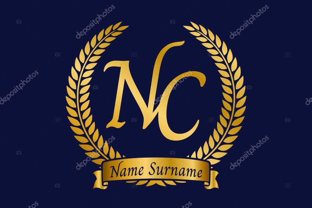 Initial letter N and C, NC monogram logo design with laurel wreath. Luxury golden emblem with calligraphy font.