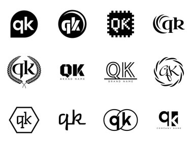 QK logo şirketi şablonu. Q ve K harfi logoti. Tasarım elemanları ile farklı klasik serif harfleri ve modern kalın metin ayarla. İlk yazı tipi tipografisi. Koleksiyon trend iş kimliği.