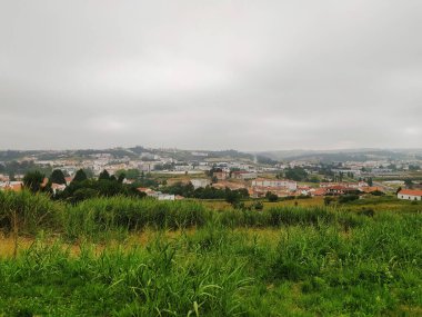 Bulutlu şehir manzarası. Yeşil çayır ön planda. Huzurlu bir manzara. Seyahat, doğa ve şehircilik kavramı. Özgeçmiş ve editoryal kullanım için ideal.