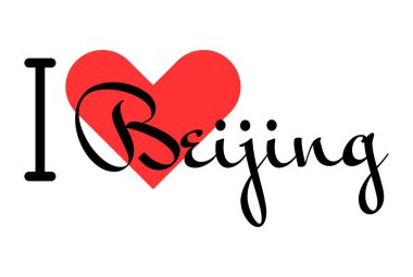 Pekin 'e bayılırım, Çin şehrine. Kırmızı kalpli el yazısıyla yazılmış mektuplar. Vektör illüstrasyon harfleri, yazdırma tişörtü, afiş, poster, etiket veya etiket için modern tasarım.