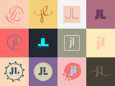 JL logo şirketi şablonu. J harfi ve logoti. Tasarım elemanları ile farklı klasik serif harfleri ve modern kalın metin ayarla. İlk yazı tipi tipografisi. Koleksiyon trend iş kimliği.