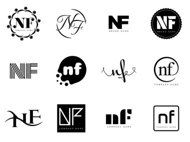 NF logo şirketi şablonu. Harf N ve f logoti. Tasarım elemanları ile farklı klasik serif harfleri ve modern kalın metin ayarla. İlk yazı tipi tipografisi. Koleksiyon trend iş kimliği.