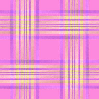 Pastel ekose desenli pembe, mor ve sarı çizgili. Yumuşak, neşeli tekstil tasarımı. Arkaplan, moda veya tasarım projeleri için ideal.