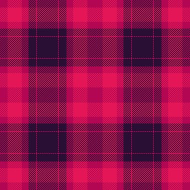 Pembe ve mor tonlarında canlı bir tartan deseni. Tekstil, el sanatları ve mevsimsel projeler için klasik, çok yönlü bir arkaplan veya tasarım ögesi.